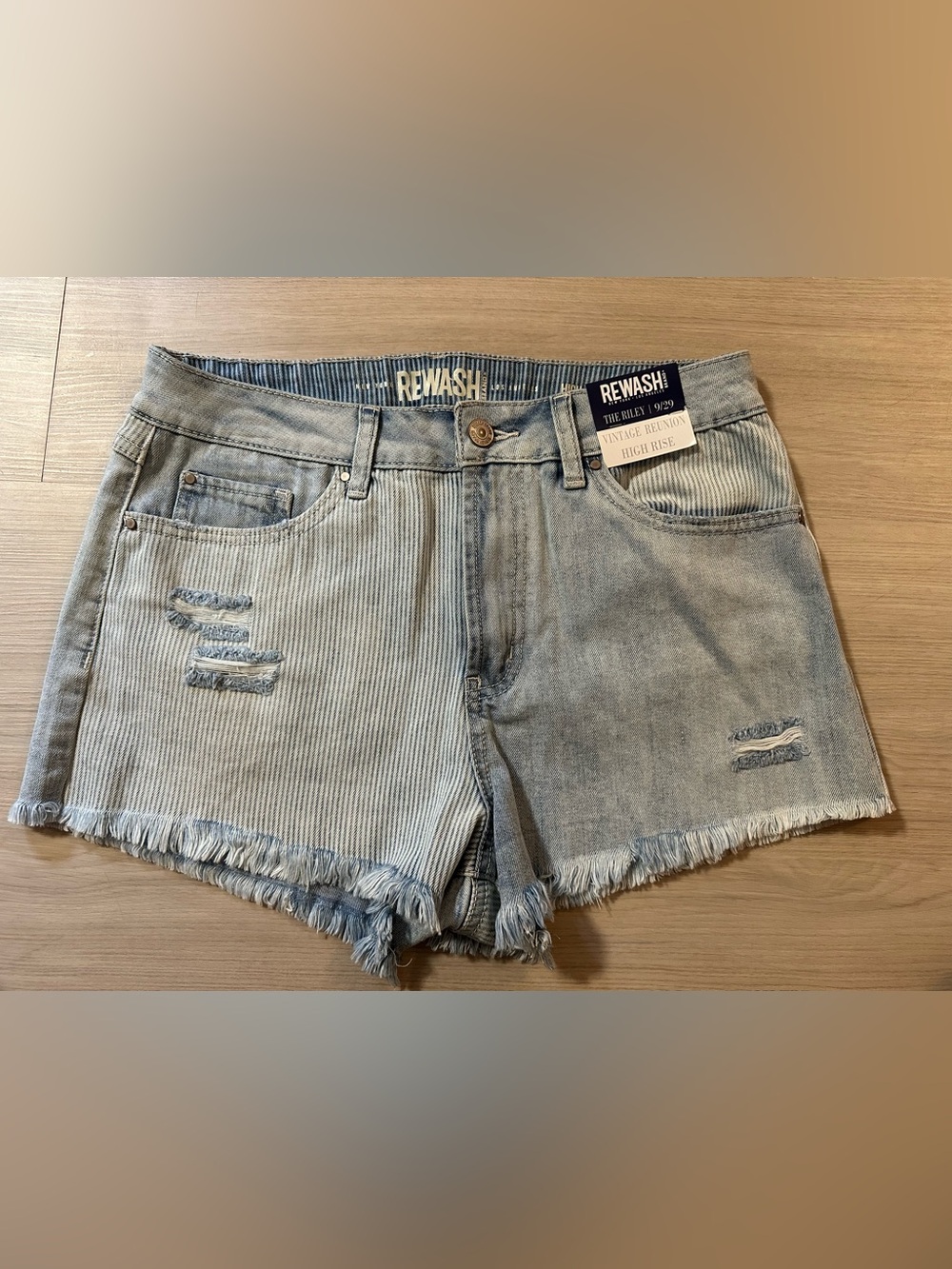 REWASH High-Rise Light Blue Distressed Striped Vintage Denim Shorts